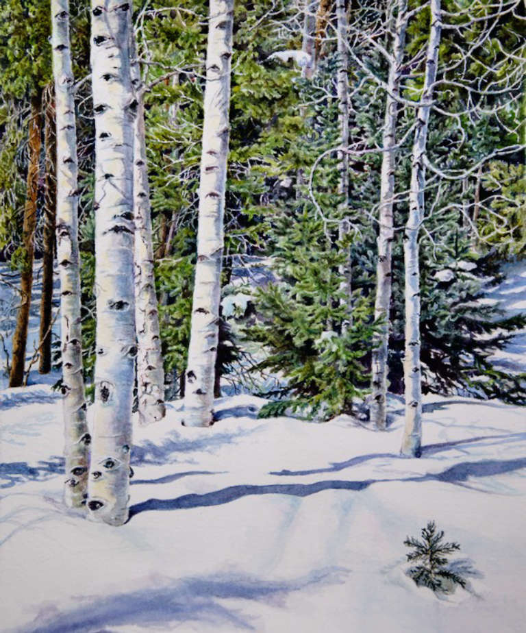 Watercolor painting of winter woods by Beth Mehall