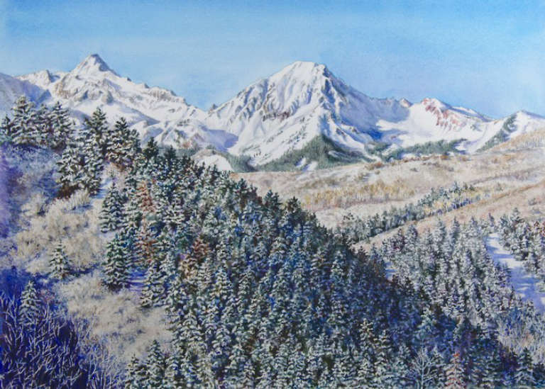 Watercolor painting of Mt Daly in winter by Beth Mehall