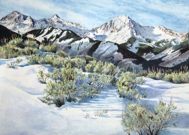 Watercolor painting of Mt Daly in winter by Beth Mehall