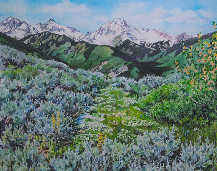 Watercolor painting of Mount Daly with meadow of spring flowers 