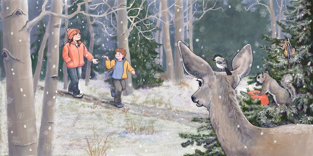 animals watching children walking through the woods