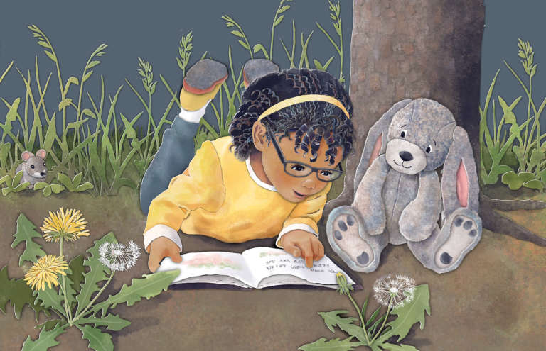 cut paper effect illustration of a young girl reading a book to a stuffed rabbit under a tree