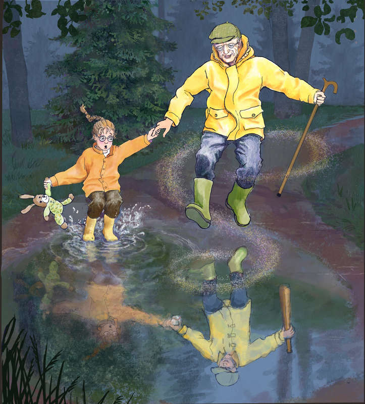 Little girl and elderly man jumping into a rain puddle. Man's reflection is a young child 