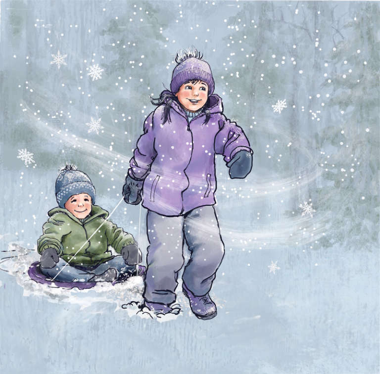 A young girl pulling a little boy on a sled in a snow storm