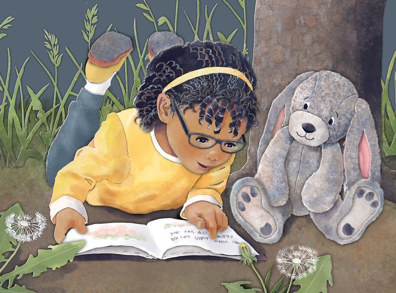 mixed media illustration of a young girl reading a book to a stuffed rabbit under a tree