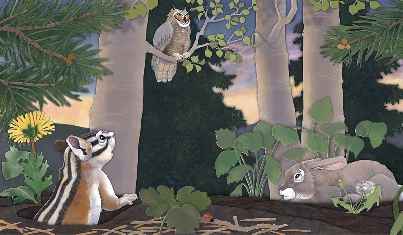 mixed media illustration of a chipmunk emerging from it's burrow to see a rabbit hiding from an owl