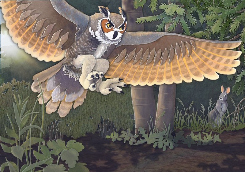 mixed media illustration of  a swooping owl