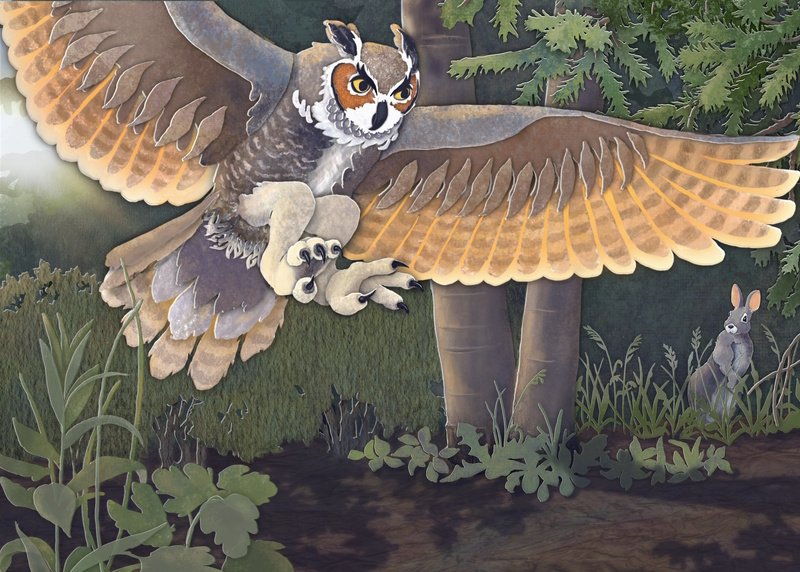 mixed media illustration of a swooping owl