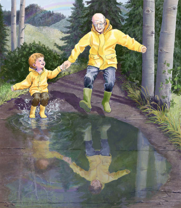 young boy and his grampa jumping into puddle