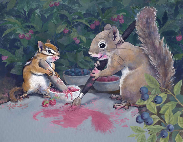 Chipmunk and squirrel painting with crushed raspberries