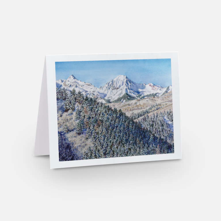 Note card with watercolor art of Mt. Daly, Snowmass Village, CO