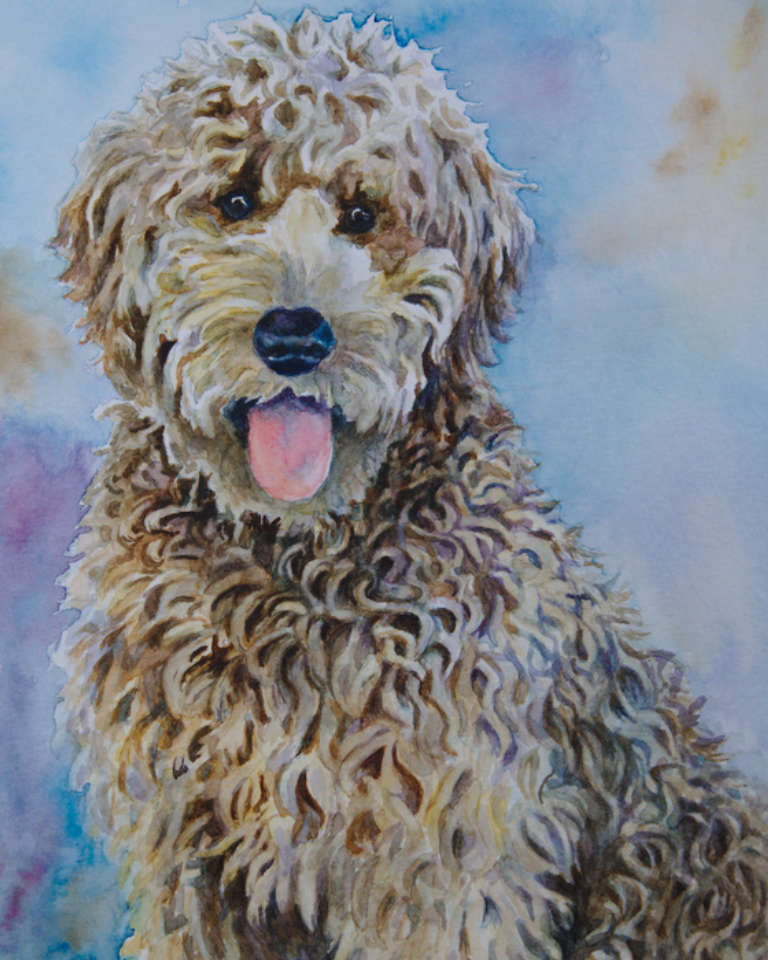 Watercolor Painting of Golden Doodle