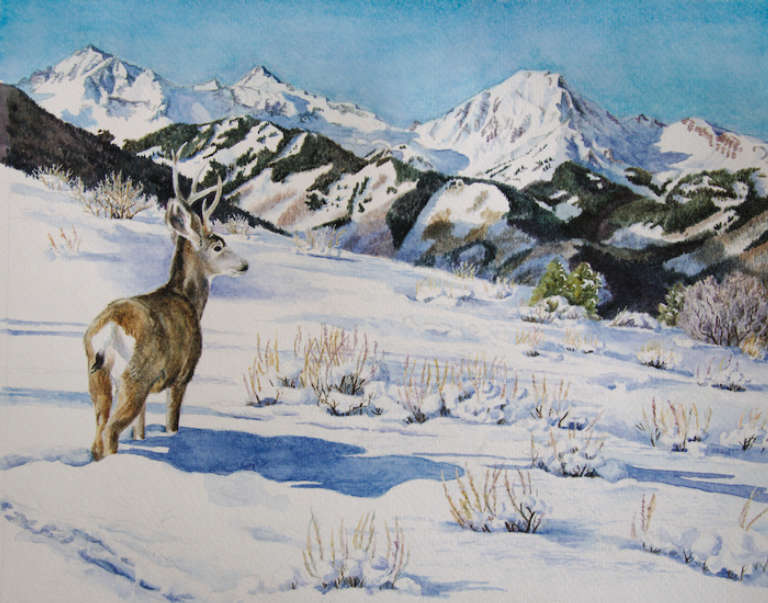 Watercolor painting of deer wandering across the snowy landscape in front of Mt Daly, Snowmass Village, CO