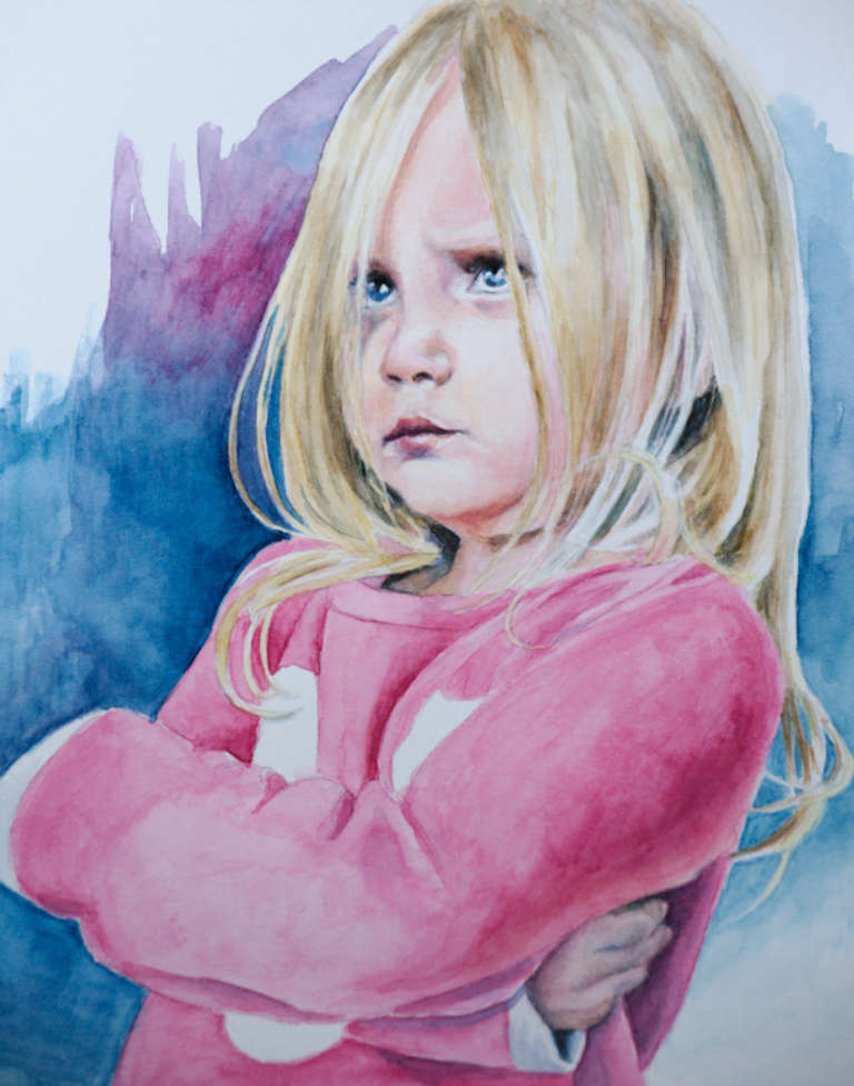 Watercolor portrait of young,  girl